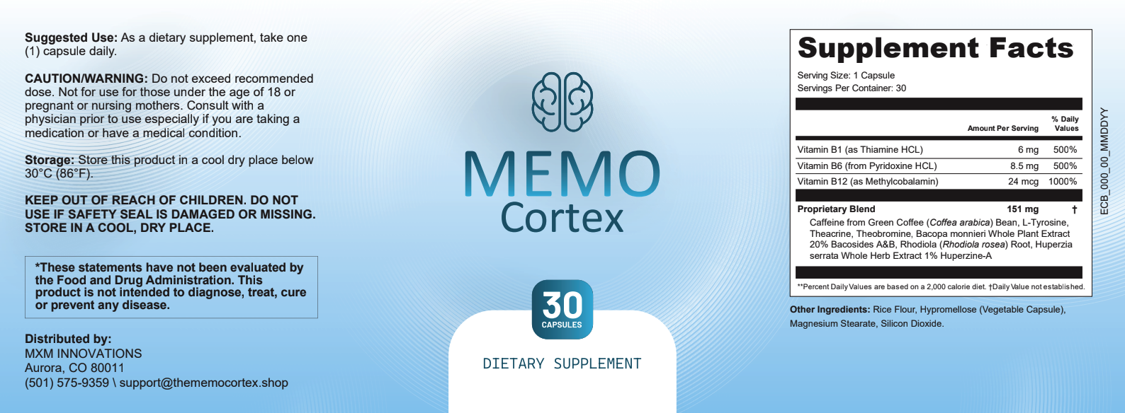 MemoCortex Supplement Label